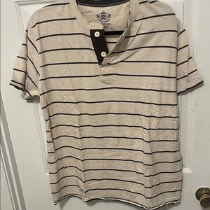 Route 66 Beige and Brown Striped Henley Tee